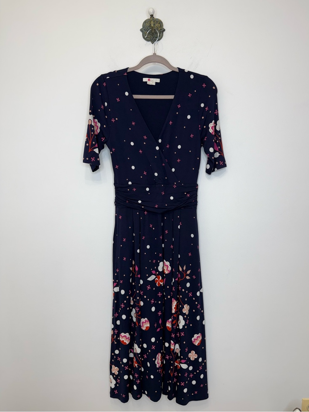 Boden Kassidy Navy Multi Floral Jersey Midi Dress Size 6 Pockets Ruched Waist